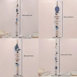 Mediterranean style wooden fish string wall decoration with bells and hemp rope