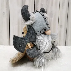 Detailed side view of a Viking warrior gnome plush doll with a horned helmet and axe