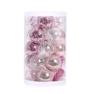 Premium pink and white PET painted Christmas ball ornament set in transparent cylinder