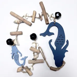 Mediterranean mermaid wood hanging wall decor with natural shells and black bells