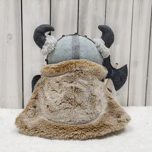 Rear view detail of Viking warrior gnome plush with faux fur cape and warrior axe