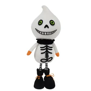 Detailed view of Halloween plush doll featuring a skeleton body and green eyes