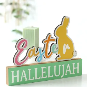 Colorful wooden Easter bunny ornament featuring Hallelujah text for spring decor