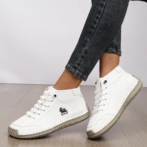 Women's Microfiber Leather Martin Boots Hand Stitched Retro Casual Flat Shoes Round Toe Lace Up Loafers Autumn Winter Comfort Footwear