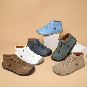 Hand-stitched casual high-top Martin boots in multiple colors on a neutral background.