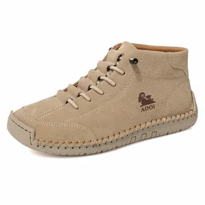 Casual hand-stitched beige Martin boots for men and women with flat sole and logo