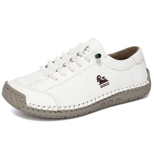 White men's outdoor casual leather loafers with wide-toe and hand-stitched details