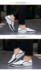 Close-up of white and navy breathable perforated leather loafers for men shown on a model