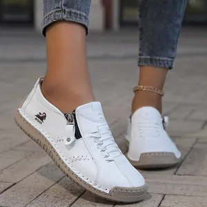Zapatos Casuales de Cuero de Microfibra Cosidos a Mano para Mujeres Hombres Punta Redonda Suela Plana Cremallera Lateral