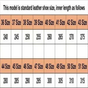 Detailed size chart for men's winter leather Martin boots with inner lengths