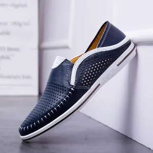 Men's navy genuine leather loafers with breathable hollow out design and white sole