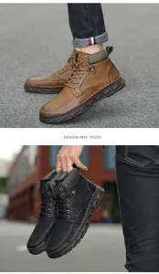 Detailed lifestyle views of men's lace-up leather Martin boots in brown and black
