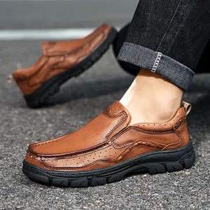Men's outdoor casual leather loafers in brown color featuring durable non-slip rubber sole