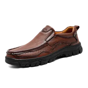Premium brown leather men's casual outdoor walking shoes with durable rugged black sole