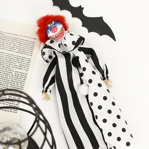 Spooky Halloween horror clown doll pendant decoration with red hair and stripes