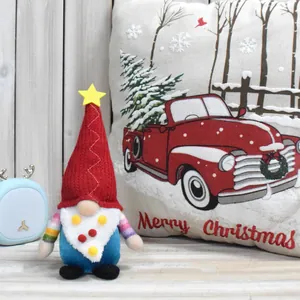 Christmas gnome plush doll with red hat and rainbow sleeves on wooden shelf