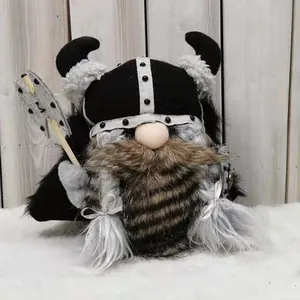 Handcrafted Viking warrior gnome plush doll with a horned helmet and grey beard