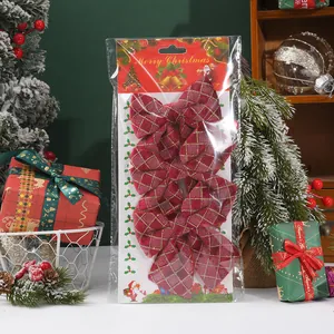 Red and gold checkered Christmas tree bows set shown in festive holiday packaging