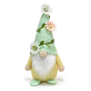 High-quality detailed view of a spring gnome plush featuring a floral wrapped hat for home decor