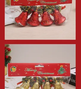 Red and gold Christmas bell hanging ornaments in retail packaging, 4 pieces per bag