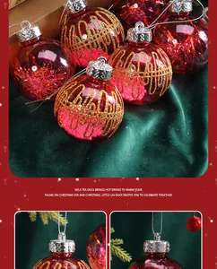 Detailed view of red Christmas ornaments with elegant gold grid patterns and festive fillings