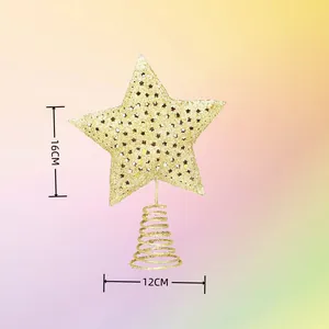 Glittering gold five-pointed star Christmas tree topper ornament with spring base 16cm