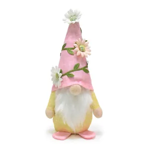 Spring flower gnome doll with pink daisy hat and white beard decoration