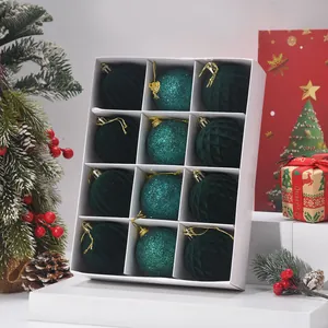 Set of 12 dark green flocked and glitter Christmas ornaments in a white gift box