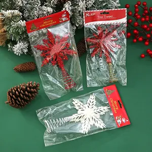 Cime de sapin de Noël en forme de flocon de neige pailleté rouge et blanc, décor festif de fête.