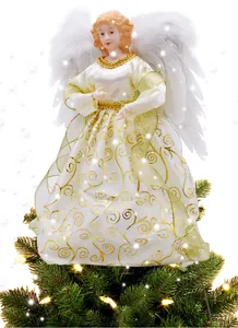Elegant glowing angel Christmas tree topper with white gold dress and feather wings.