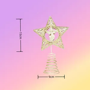 Gold glitter star Christmas tree topper with angel silhouette and spiral base 15x9cm