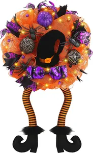 Couronne d'Halloween sorcière en tulle avec jambes et lumières LED