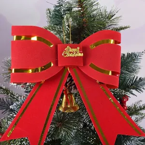 Large Red Bow Tree Topper Decoration With Gold Trim Merry Christmas Lettering And Bell PVC Ribbon Bow For Festive Party Home Decor