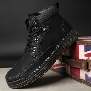 Stylish black men's Martin boots with thick soles and British vintage flair for winter
