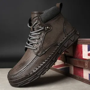 Casual dark brown men's Martin boots with British style stitching and warm lining