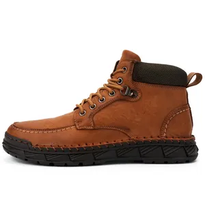 Durable brown leather men's Martin boots featuring a thick non-slip rubber sole