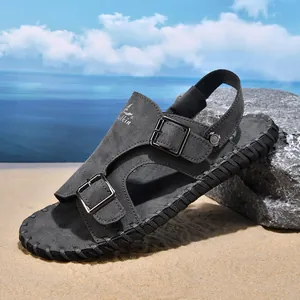 Men's casual dark grey beach sandals with anti-slip soft sole and buckle straps