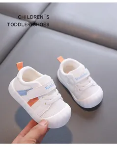 Macro shot of breathable white toddler mesh shoes with blue and orange accents.