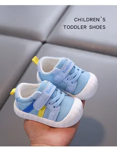Close-up of light blue mesh baby toddler shoes with soft soles