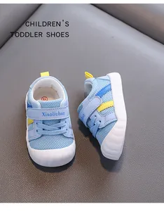 Detail view of breathable blue mesh toddler shoes with soft soles for 1-3 year old babies