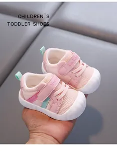 Detail of pink breathable mesh baby toddler shoes with flexible soft non-slip soles