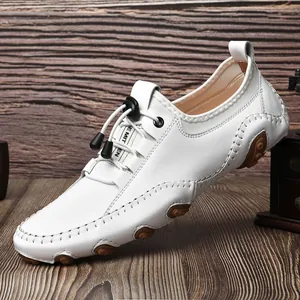 Witte leren herenloafers, ademende casual rijschoenen met zachte zool, Britse stijl