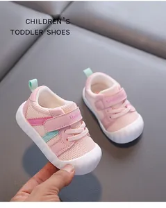 Detail view of pink breathable mesh toddler walking shoes with soft non-slip sole