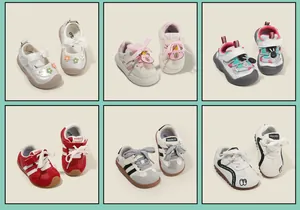 Detailed collage showing multiple styles of colorful children's sneakers and flats for girls