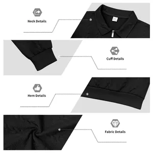Detailoverzicht van zwarte polo-sweatshirt met textuur: kraag, mouw en stof