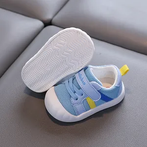 Breathable blue mesh baby toddler shoes with soft white anti-slip soles for 1-3 years