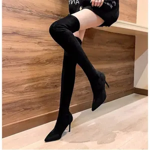 Elegant black suede over-the-knee stiletto boots with a slim fit and pointed toe
