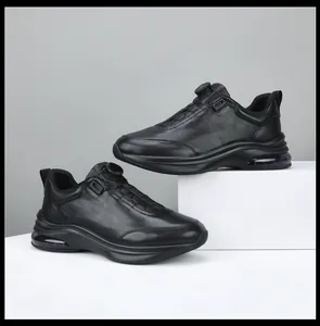 Premium black men's leather sneakers featuring a rotary buckle and heel air cushion.