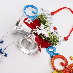 Detailed view of 20cm Christmas bell ornament with silver angel and Merry Christmas sign