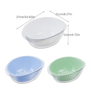 Double-layer kitchen strainer bowl set in white, blue, and green with dimensions